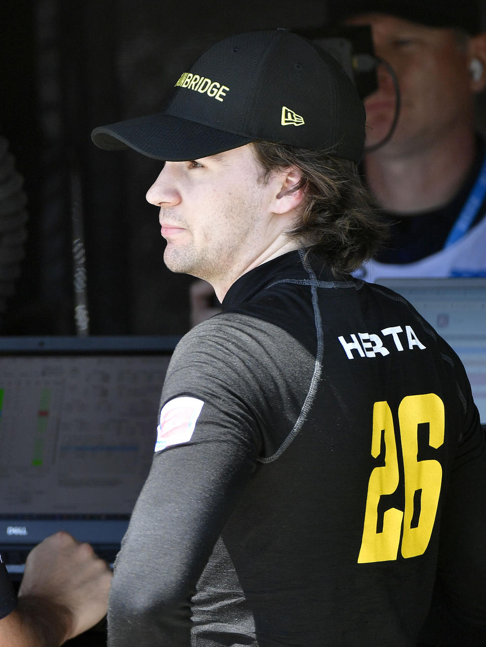 Indycar pole sitter Colton Herta shows his disappointment in the pits after crashing out of the 47th annual Acura Grand Prix of Long Beach on Sunday, April 10, 2022. Josef Newgarden won the race. (Will Lester/The Orange County Register via AP)