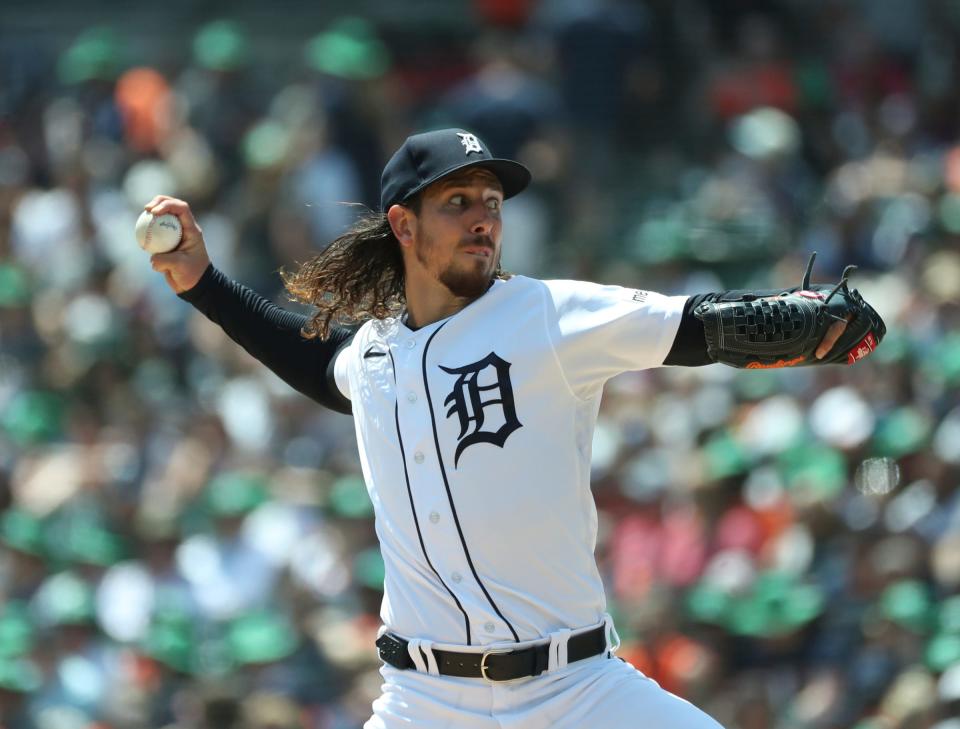 Detroit Tigers starter Michael Lorenzen (21) pitches against the Chicago White Sox during fourth-inning action at Comerica Park in Detroit on Saturday, May 27, 2023.