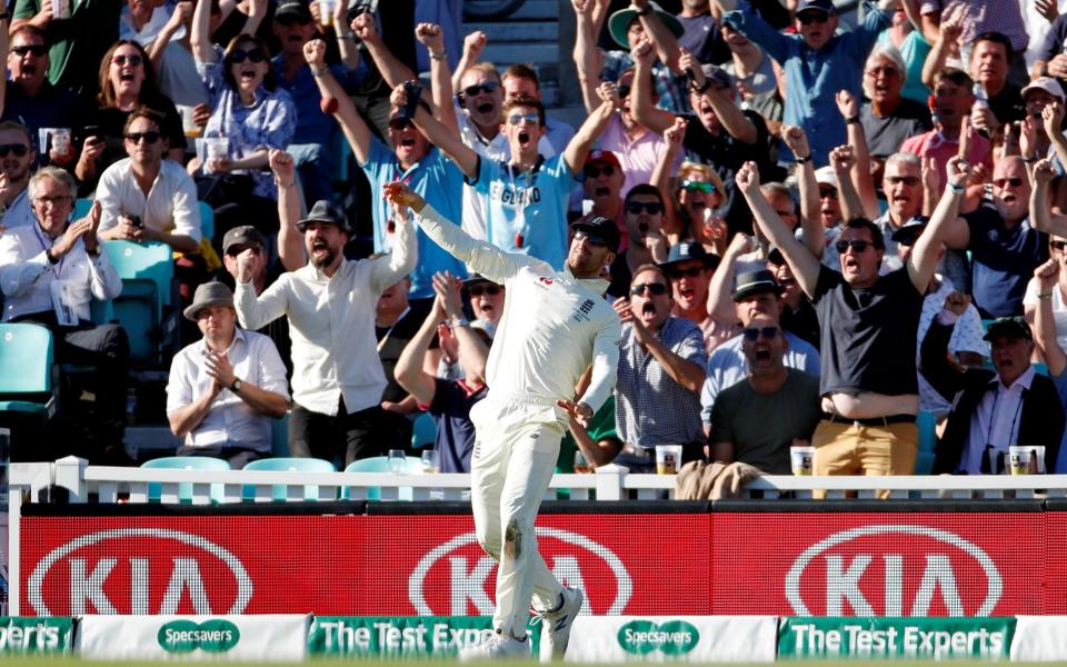 Jack Leach makes a great catch much to the delight of the Oval crowd - Action Images via Reuters