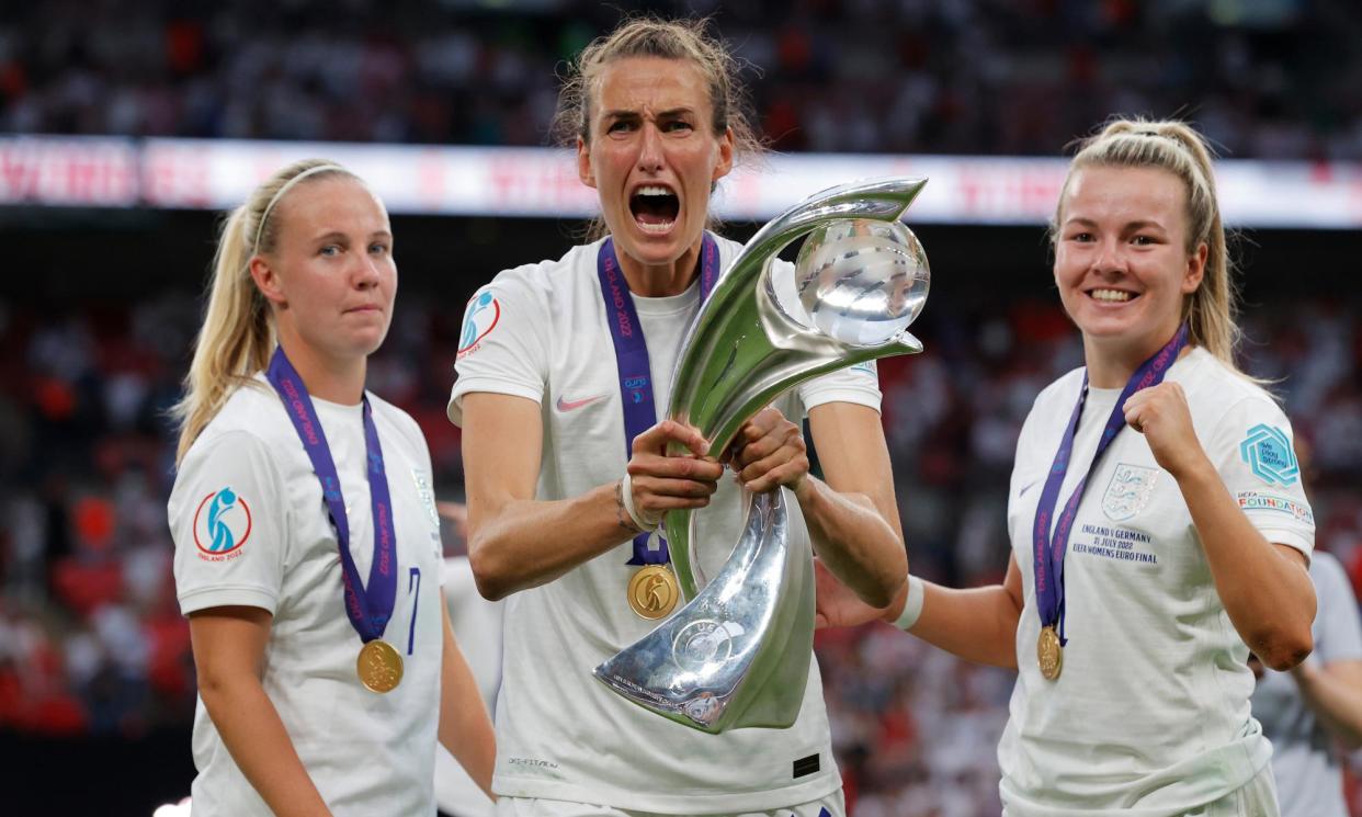 <span>Jill Scott shows her elation at the Lionesses’ Euro 2022 victory, which led to a sea change in attitudes towards women’s football.</span><span>Photograph: Tom Jenkins/The Guardian</span>