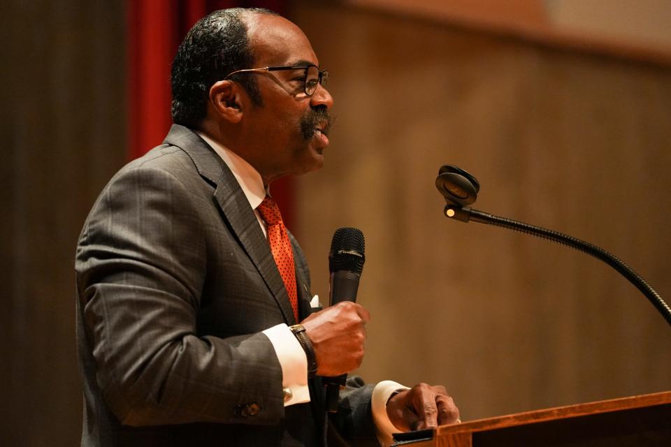 Ohio Sen. Hearcel Craig (D-Columbus) delivers the keynote address during a Martin Luther King Jr. Day event at the Ohio History Center Monday. Craig said remembering King's work and impact is especially important given the pressing political challenges facing the nation now.