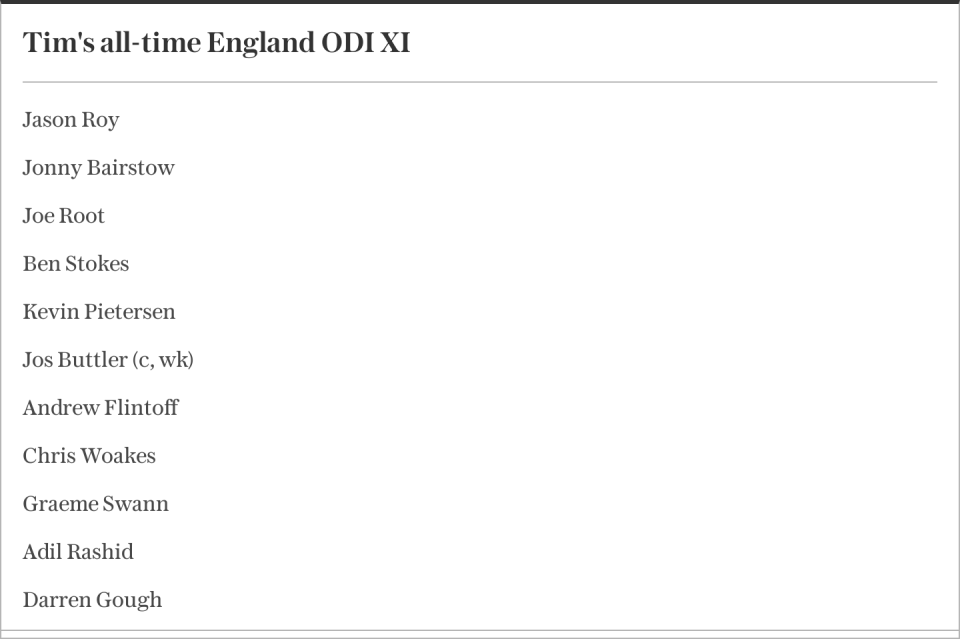 Tim Wigmore's all-time England ODI XI