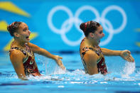 LONDON, ENGLAND - AUGUST 05: Olivia Federici and Jenna Randall of Great Britain compete in the Women's Duets Synchronised Swimming Technical Routine on Day 9 of the London 2012 Olympic Games at the Aquatics Centre on August 5, 2012 in London, England. (Photo by Al Bello/Getty Images)