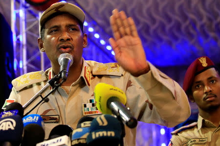 General Mohamed Hamdan Dagalo, head of the Rapid Support Forces (RSF) and deputy head of the Transitional Military Council (TMC) delivers an address after the Ramadan prayers and Iftar organized by Sultan of Darfur Ahmed Hussain in Khartoum, Sudan May 18, 2019. REUTERS/Mohamed Nureldin Abdallah