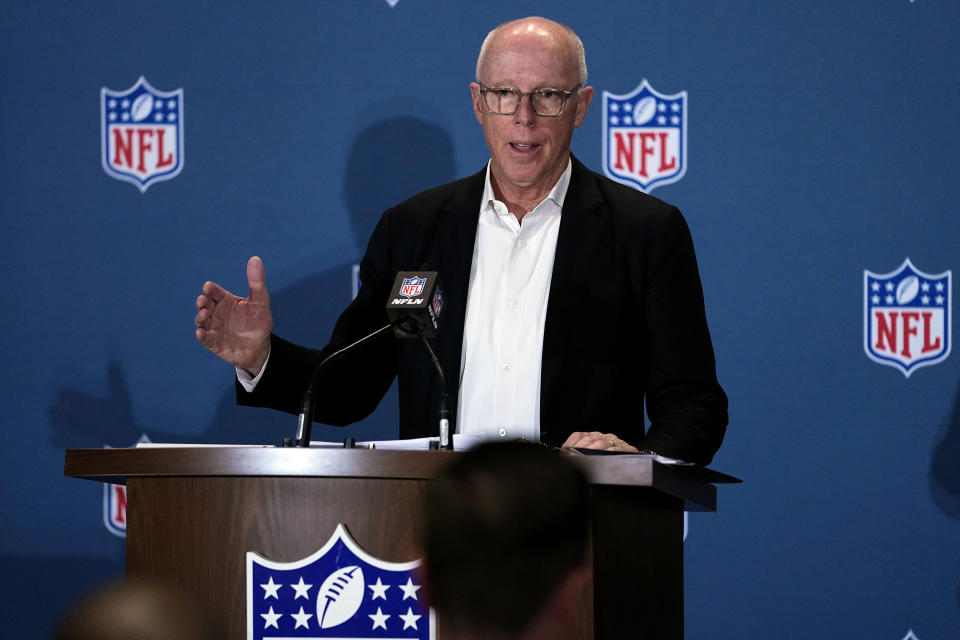 FILE -Rich McKay, Atlanta Falcons CEO and Competition Committee Chairman, speaks during a media availability at the NFL football meetings, Tuesday, March 28, 2023, in Phoenix. The NFL is looking to eliminate the hip-drop tackle and will again discuss the "tush push" in the offseason. League executive Jeffrey Miller said Tuesday, Oct. 17, 2023 the hip-drop tackle increases risk of injury by 25 times the rate of a standard tackle.(AP Photo/Matt York, File)