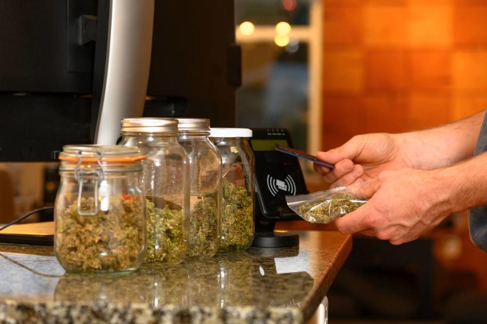 Paying by credit card for marijuana at a cannabis dispensary.