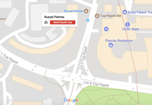 “Russel Palmes” now appears as the name of an MRT station in Google Maps. (Screenshot from Google Maps)