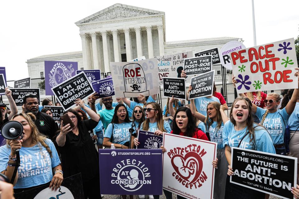 Anti-abortion demonstrators outside the US Supreme Court in Washington, D.C., US, on Friday, June 24, 2022. A deeply divided Supreme Court overturned the 1973 Roe v. Wade decision and wiped out the constitutional right to abortion, issuing a historic ruling likely to render the procedure largely illegal in half the country.