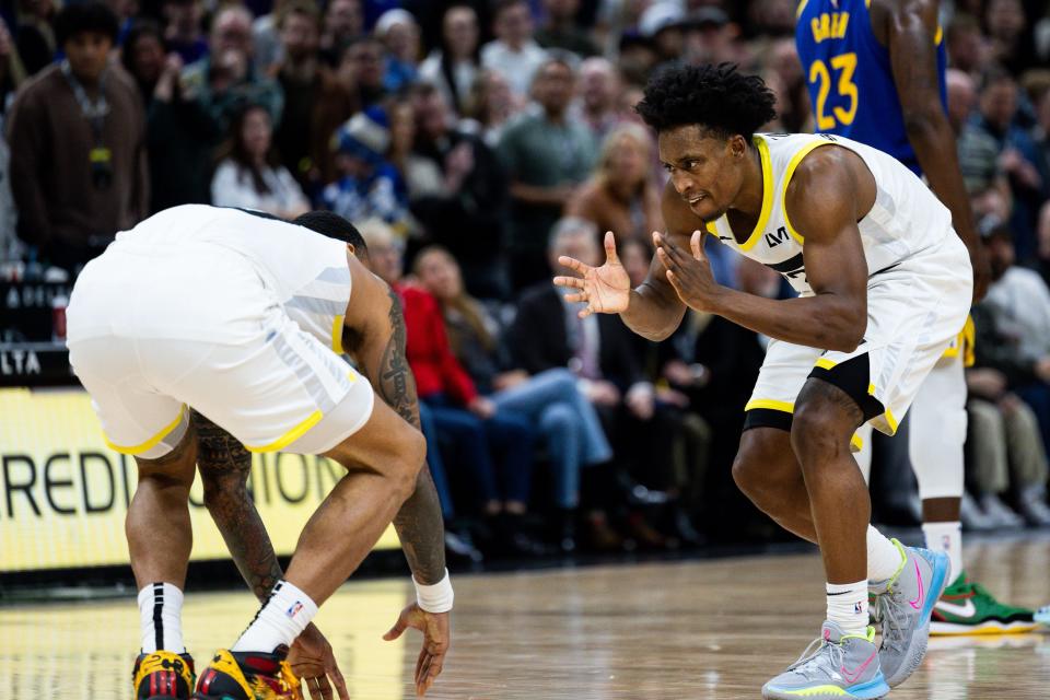 Utah Jazz guard Collin Sexton (2) tries to cheer up Utah Jazz forward John Collins (20) during a close fourth quarter in the NBA basketball game between the Utah Jazz and the Golden State Warriors at the Delta Center in Salt Lake City on Thursday, Feb. 15, 2024. | Megan Nielsen, Deseret News