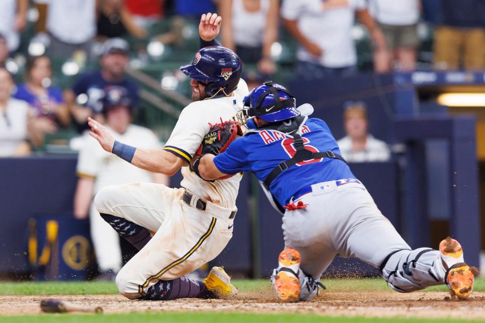 Brewers first baseman Owen Miller is tagged out by Cubs catcher Miguel Amaya to end the game Tuesday at American Family Field.