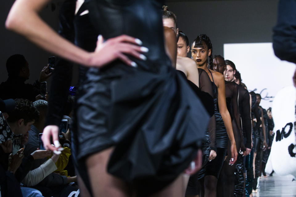 The LaQuan Smith collection is modeled during Fashion Week, Saturday, Feb. 8, 2020, in New York. (AP Photo/Eduardo Munoz Alvarez)