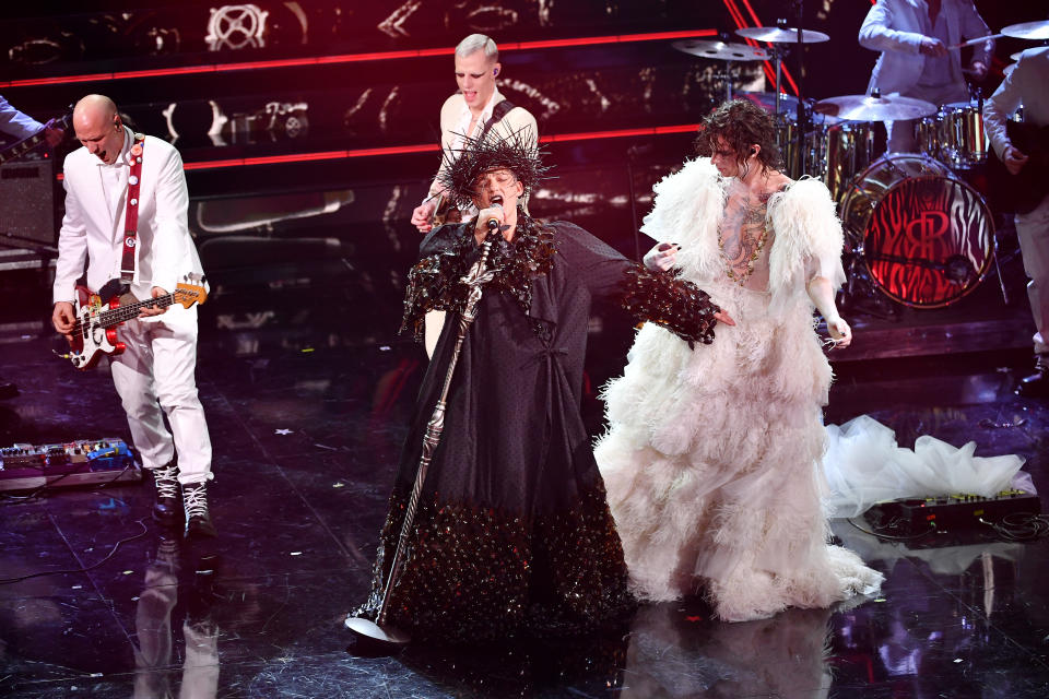 <p>SANREMO, ITALY - MARCH 05: Fiorello and Achille Lauro are seen on stage during the 71th Sanremo Music Festival 2021 at Teatro Ariston on March 05, 2021 in Sanremo, Italy. (Photo by Jacopo Raule / Daniele Venturelli/Getty Images)</p> 