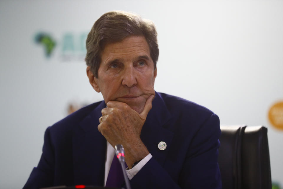 U.S. government’s climate envoy, John Kerry, attends a press availability at the Africa Climate Summit in Nairobi, Kenya Tuesday, Sept. 5, 2023. John Kerry acknowledged the "acute, unfair debt." He also said 17 of the world's 20 countries most impacted by climate change are in Africa, while the world's 20 richest nations, including his own, produce 80% of the world's carbon emissions that are driving climate change. (AP Photo/Brian Inganga)