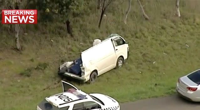 A horror crash left a mini-van sliced open on a Melbourne freeway. Photo: 7 News