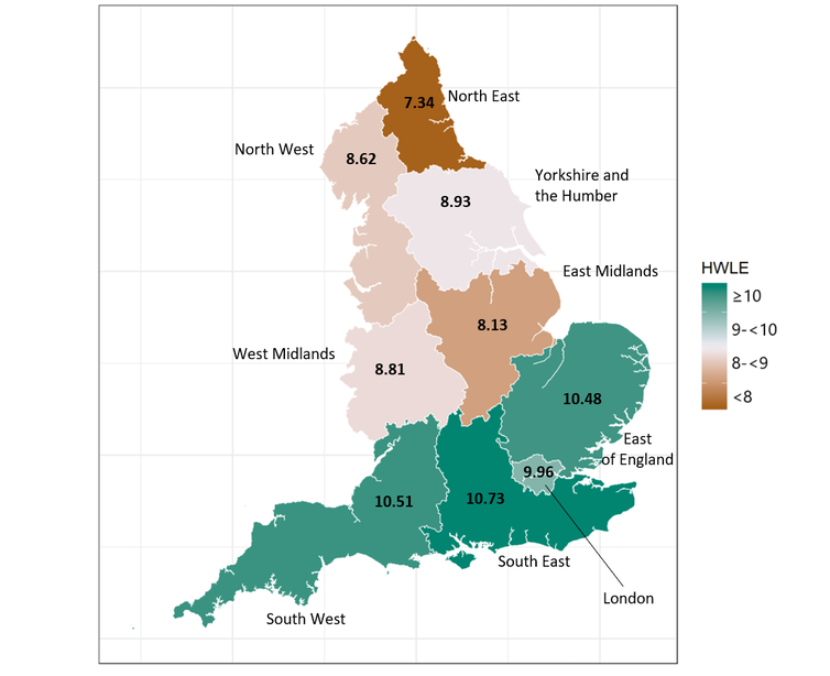 <span class="caption">Regional map showing average number of healthy working years expected from age 50 in England.</span> <span class="attribution"><a class="link " href="https://www.thelancet.com/journals/lanpub/article/PIIS2468-2667(20)30114-6/fulltext" rel="nofollow noopener" target="_blank" data-ylk="slk:Parker et al, 2020">Parker et al, 2020</a>, <span class="license">Author provided</span></span>