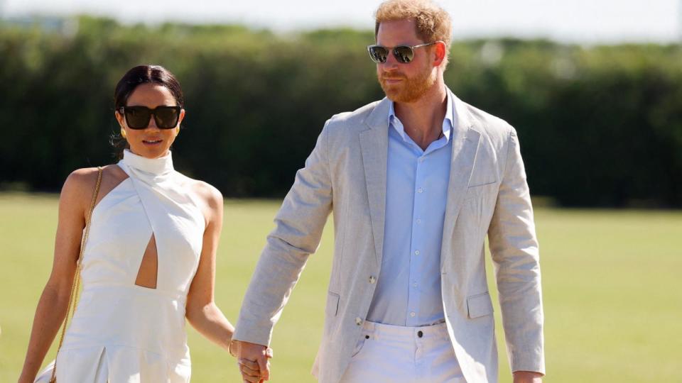 PHOTO: Britain's Prince Harry and Meghan, Duchess of Sussex attend the Royal Salute Polo Challenge to benefit Sentebale, Wellington, FL, April 12, 2024.   (Marco Bello/Reuters)