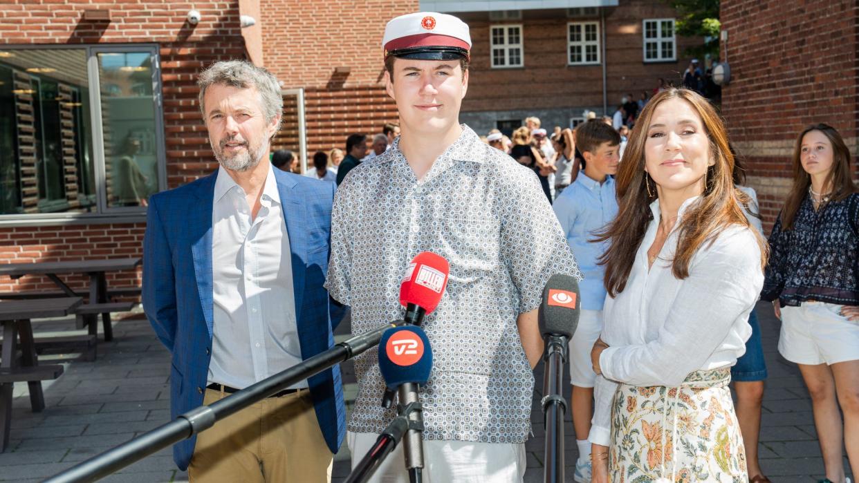 Crown Prince Christian, King Frederik X and Queen Mary meet the press as The Crown Prince Christian of Denmark attends his Graduation Ceremony at Ordrup Gymnasium 