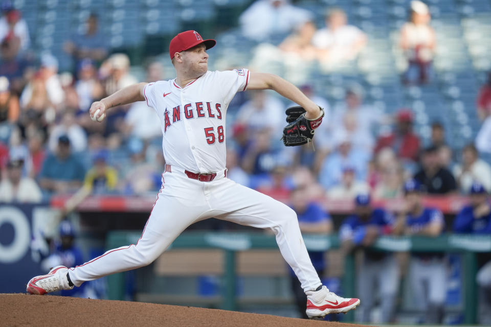 Los Angeles Angels starting pitcher Davis Daniel throws during the first inning of a baseball game against the Texas Rangers, Monday, July 8, 2024, in Anaheim, Calif. (AP Photo/Ryan Sun)