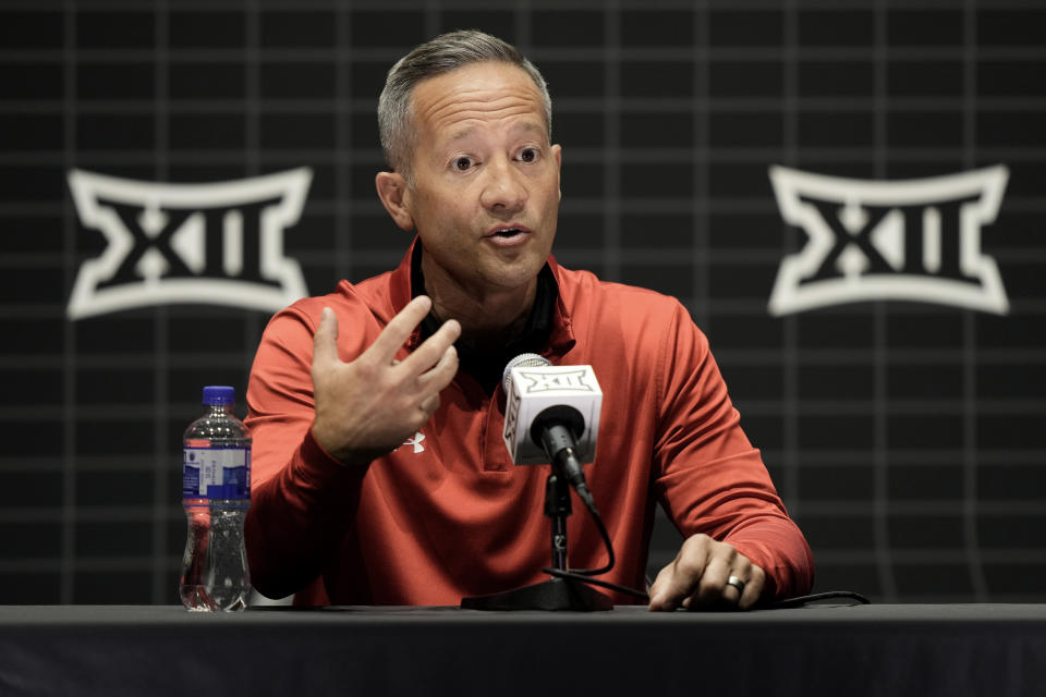 Texas Tech coach Grant McCasland speaks to the media during the NCAA college Big 12 men's basketball media day Wednesday, Oct. 18, 2023, in Kansas City, Mo. (AP Photo/Charlie Riedel)