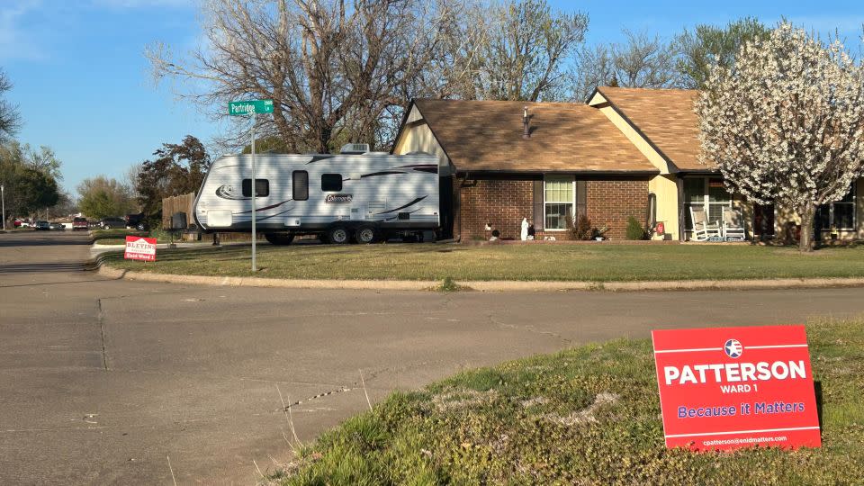 Campaign signs for Judd Blevins and his opponent, Cheryl Patterson, can be seen across Ward One in Enid, Oklahoma, ahead of Tuesday's special election. - Ashley Killough/CNN