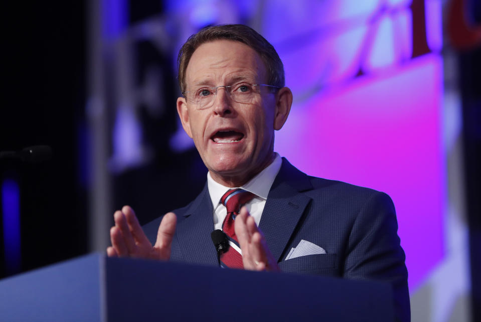 Family Research Council president Tony Perkins speaks to the 2018 Values Voters Summit in Washington, Friday, Sept. 21, 2018. (AP Photo/Pablo Martinez Monsivais)