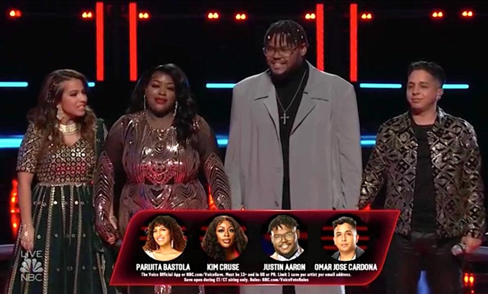 Parijita Bastola, Kim Cruse, Justin Aaron, Omar José Cardona comprise the bottom four on 'The Voice' Season 22's controversial top eight semifinals results show. (Photo: NBC)