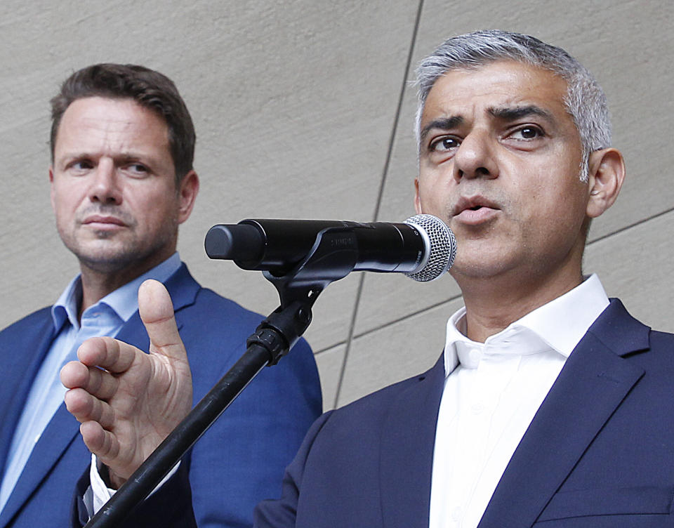 London Mayor Sadiq Khan speaks at a news conference alongside Warsaw Mayor Rafal Trzaskowski in Warsaw, Poland, on Sept. 2, 2019. Khan visited Poland to commemorate the 80th anniversary of the start of World War II in Gdansk on Sunday and has taken part in town halls in Gdansk and Warsaw. He expressed outrage over British Prime Minister Boris Johnson's decision to shut down parliament for several weeks ahead of Britain's pending departure from the European Union.(AP Photo/Czarek Sokolowski)