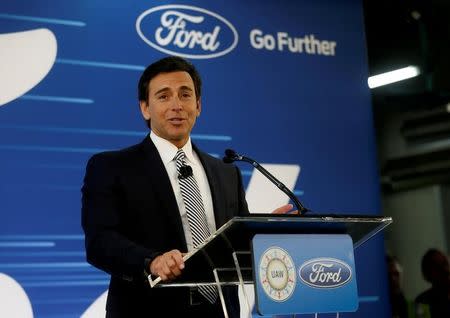 FILE PHOTO: Ford Motor Co. president and CEO Mark Fields makes a major announcement during a news conference at the Flat Rock Assembly Plant in Flat Rock, Michigan, U.S. January 3, 2017. REUTERS/Rebecca Cook/Files