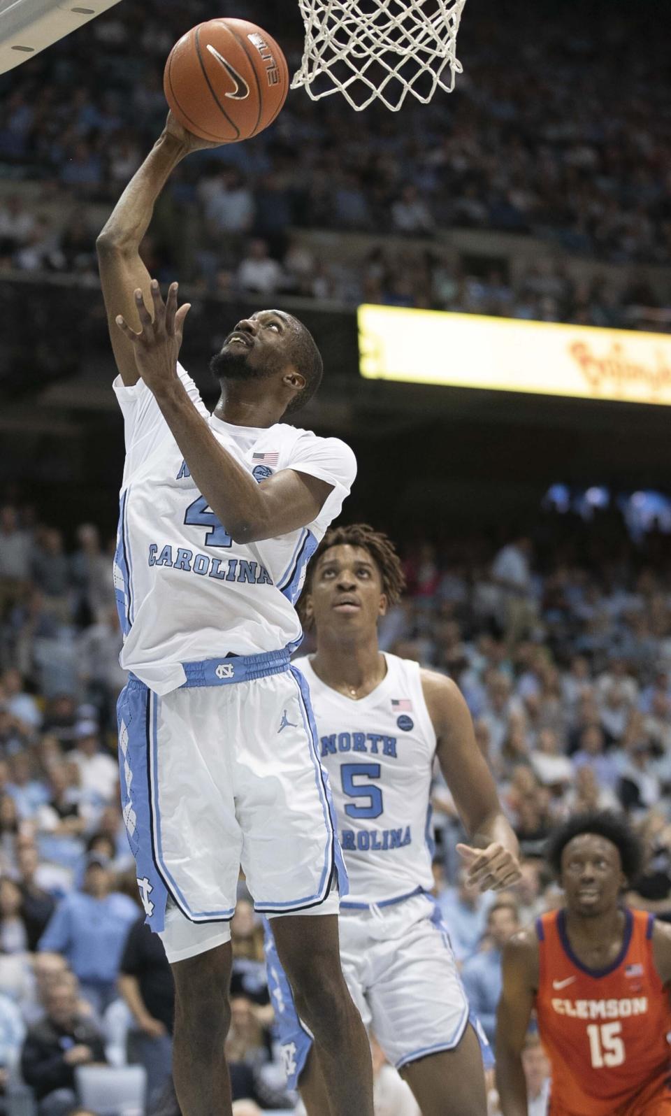 North Carolina's Brandon Robinson (4) drives to the basket in the first an NCAA college basketball game against Clemson on Saturday, Jan. 11, 2020, at the Smith Center in Chapel Hill, N.C. (Robert Willett/The News & Observer via AP)