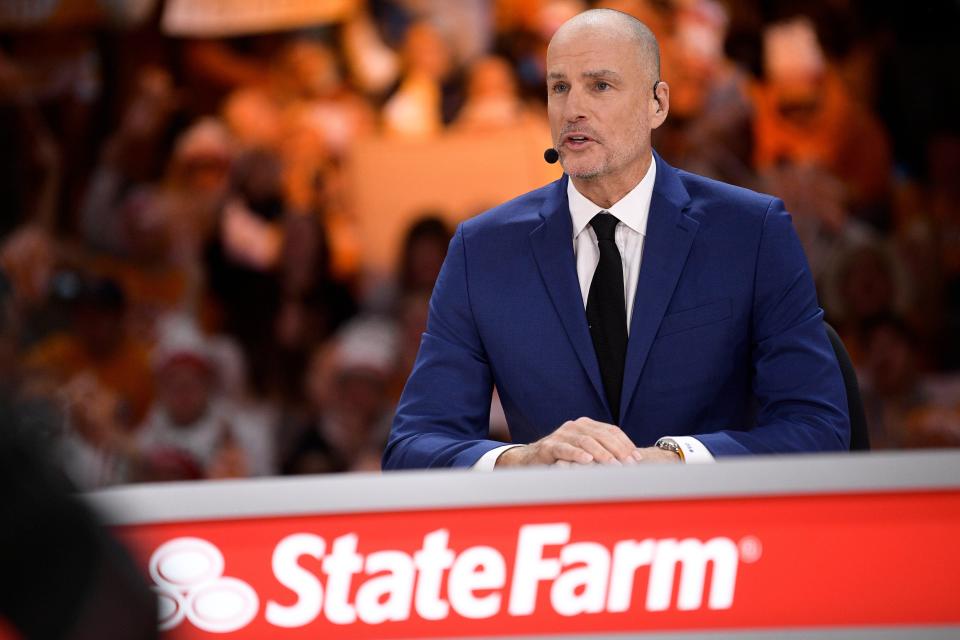 Jay Bilas speaks during ESPN's 'College GameDay' broadcast at Thompson-Boling Arena in Knoxville, Tennessee on Jan. 28, 2023.