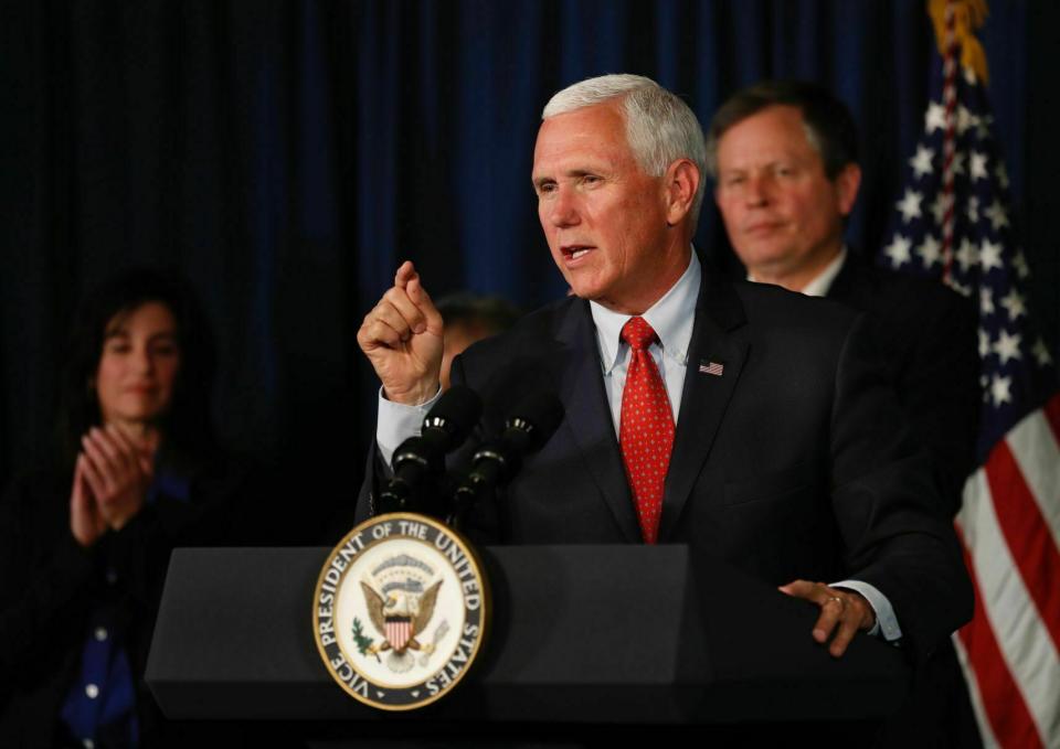 Vice President Mike Pence speaks during an event at RiverStone Health Lil Anderson Center in Billings, Mont. Wednesday, June 12, 2019. (Casey Page/Billings Gazette via AP)