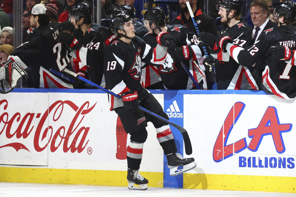 Buffalo Sabres center Peyton Krebs (19) celebrates his goal against the Ottawa Senators during the second period of an NHL hockey game Thursday, Jan. 11, 2024, in Buffalo, N.Y. (AP Photo/Jeffrey T. Barnes)