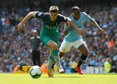 Soccer Football - Premier League - Manchester City v Tottenham Hotspur - Etihad Stadium, Manchester, Britain - April 20, 2019 Tottenham's Juan Foyth in action with Manchester City's Raheem Sterling Action Images via Reuters/Jason Cairnduff