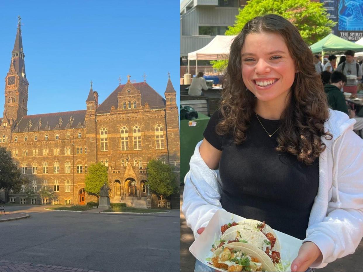 a building on georgetown campus on the left and Emma Ginsberg holding tacos on the right