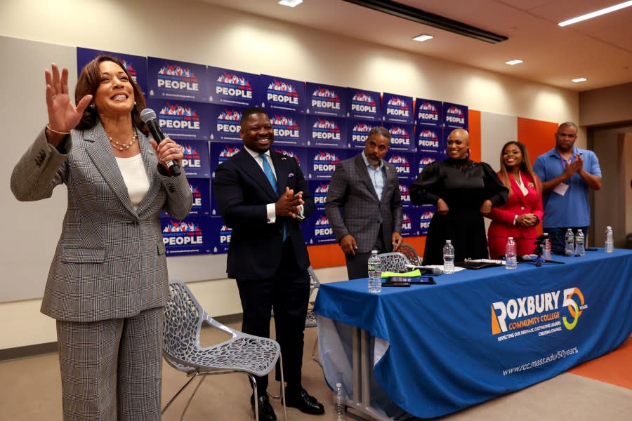 Boston, MA – July 29: Vice President Kamala Harris made a surprise visit to Roxbury Community College where Congresswoman Ayanna Pressley, Chairman Steven Horsford, along with members of the Congressional Black Caucus, held a community town hall with civic leaders and advocacy groups. (Photo by Barry Chin/The Boston Globe via Getty Images)