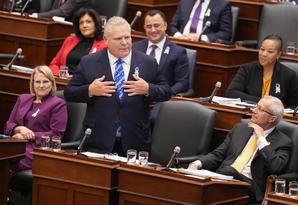 Ontario Premier Doug Ford, centre, responds to questions from the opposition during question period at Queen's Park in Toronto on Dec. 6, 2023. 