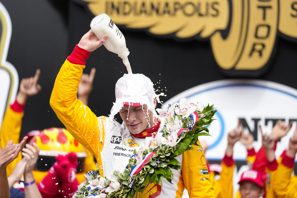 Josef Newgarden celebrates after winning the Indianapolis 500 auto race at Indianapolis Motor Speedway in Indianapolis, Sunday, May 28, 2023. (AP Photo/Michael Conroy)