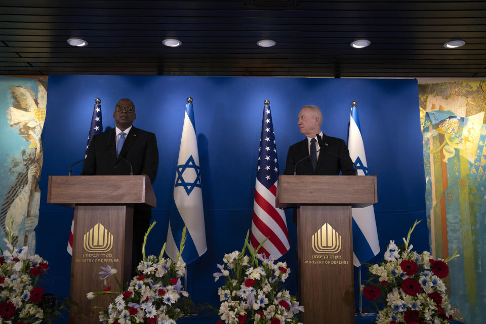 U.S. Secretary of Defense Lloyd Austin, left, and his Israeli counterpart, Minister of Defence Yoav Gallant make a joint statement following their meeting at Ben Gurion International Airport in Thursday, March 9, 2023. (AP Photo/Maya Alleruzzo)