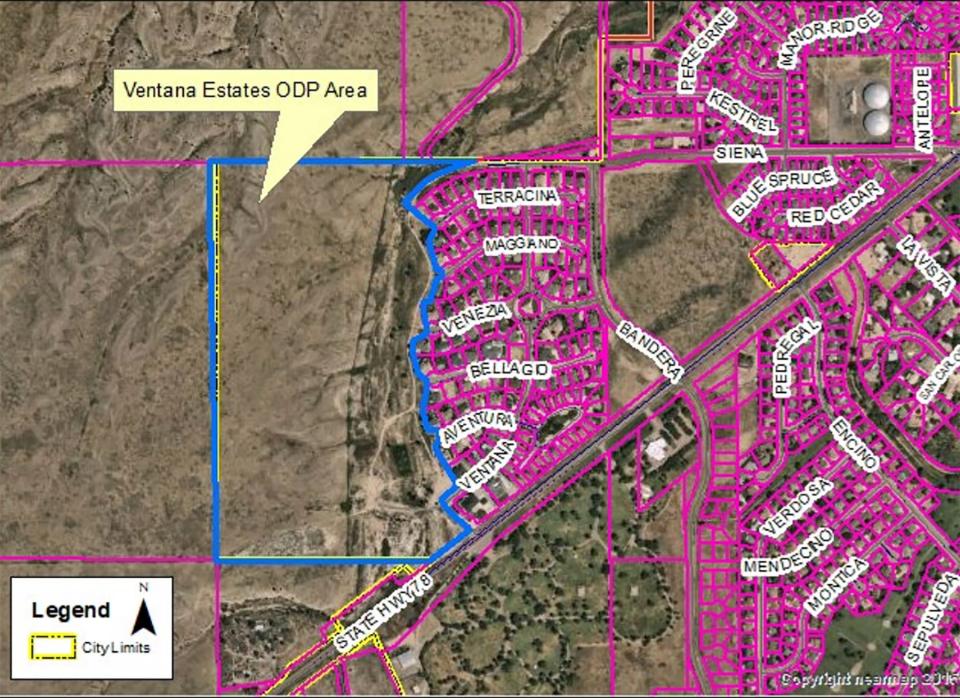 The proposed Ventana Estates overall development plan for reidential housing is outlined in blue on this aerial map of the southside Pueblo neighborhood.