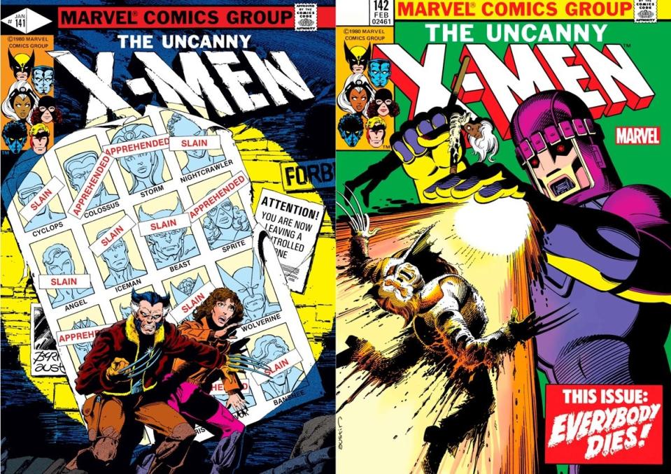 The future Sentinels kill the X-Men in Uncanny X-Men #141-142, "Days of Future Past."