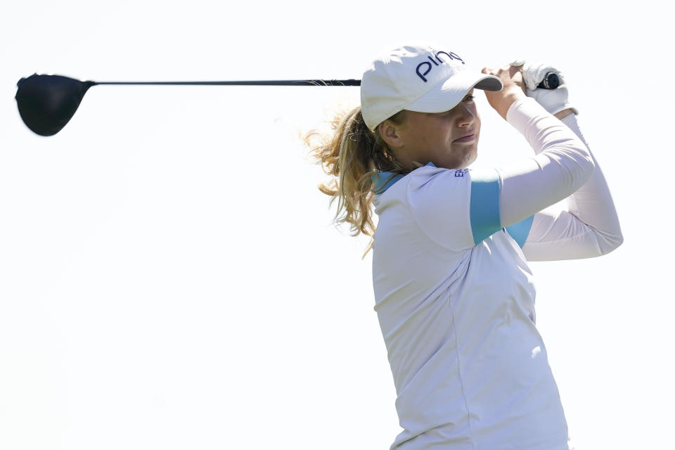 Celine Borge tees off on the first hole during the final round of the Drive On Championship golf tournament, Sunday, March 26, 2023, in Gold Canyon, Ariz. (AP Photo/Darryl Webb)