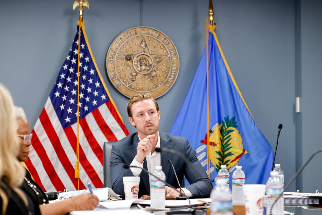 State schools Superintendent Ryan Walters speaks Thursday during an Oklahoma State Board of Education meeting at the state Capitol.