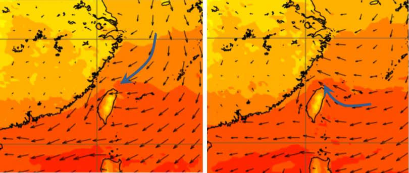 最新(29日20時)歐洲(ECMWF)模式，模擬下周三（3日）20時地面風場，仍盛行「東北季風」（左圖）；下周四（4日）20時已轉為東南風（右圖）。（圖／翻攝自「三立準氣象· 老大洩天機」專欄）