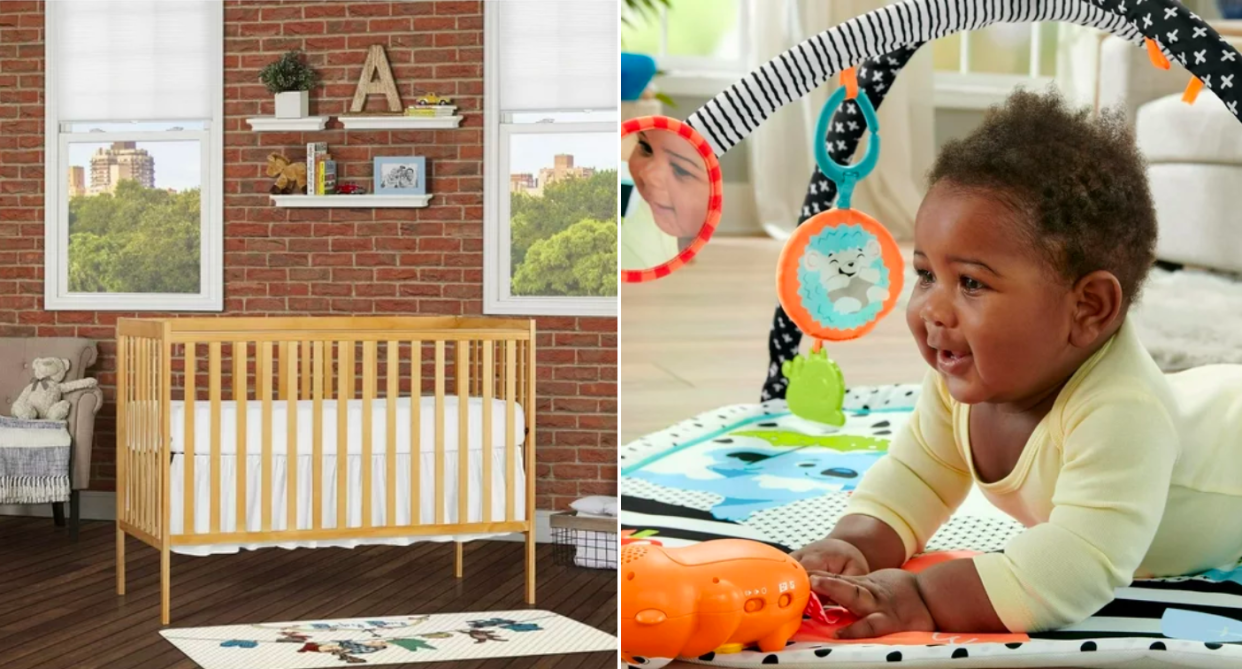 Walmart baby essentials: Image of wooden crib in nursery next to baby playing on activity mat