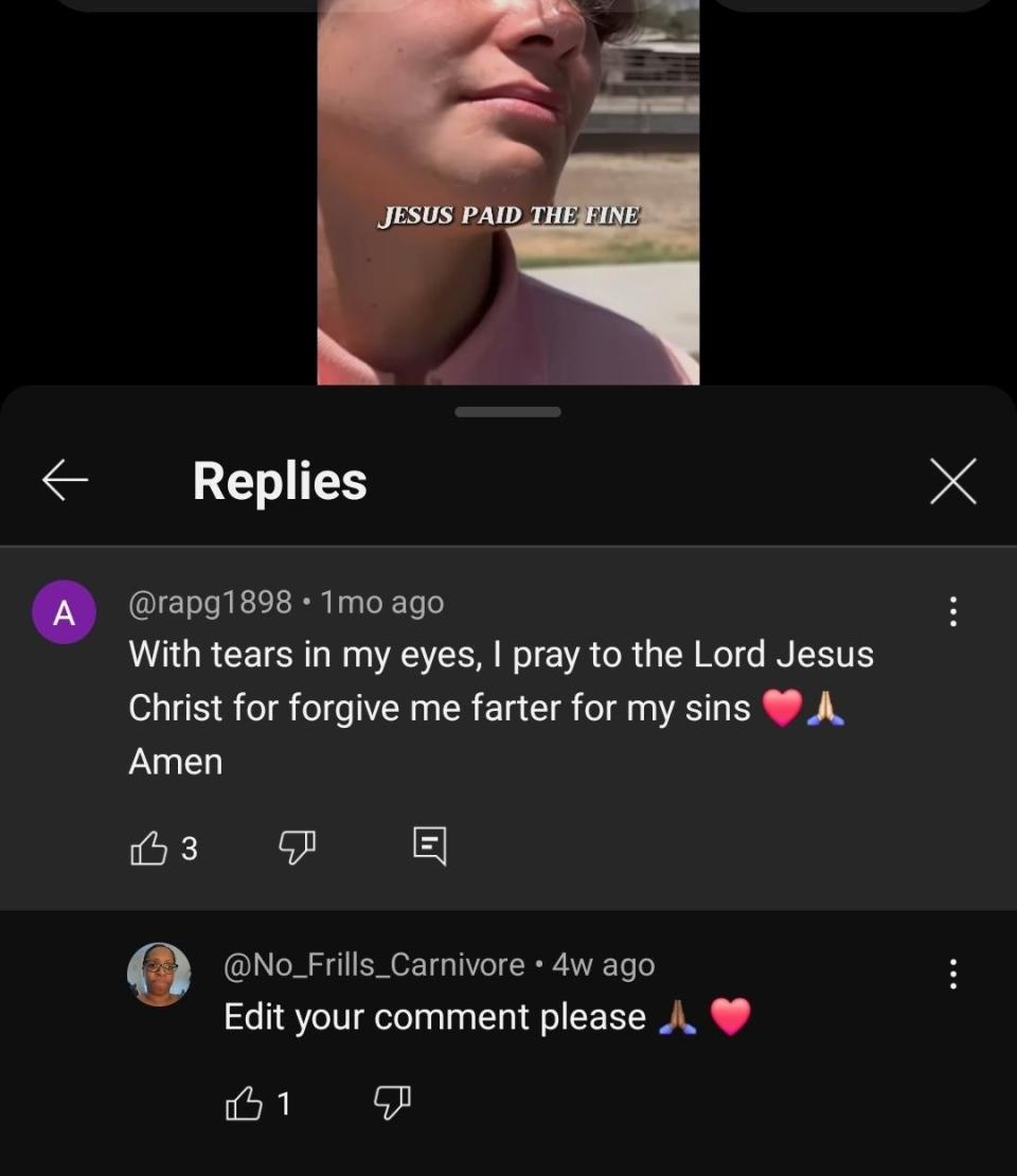 Social media post: @rapg1898 asks Jesus Christ for forgiveness, @No_Frills_Carnivore requests @rapg1898 to edit their comment. Image text: "JESUS PAID THE FINE."