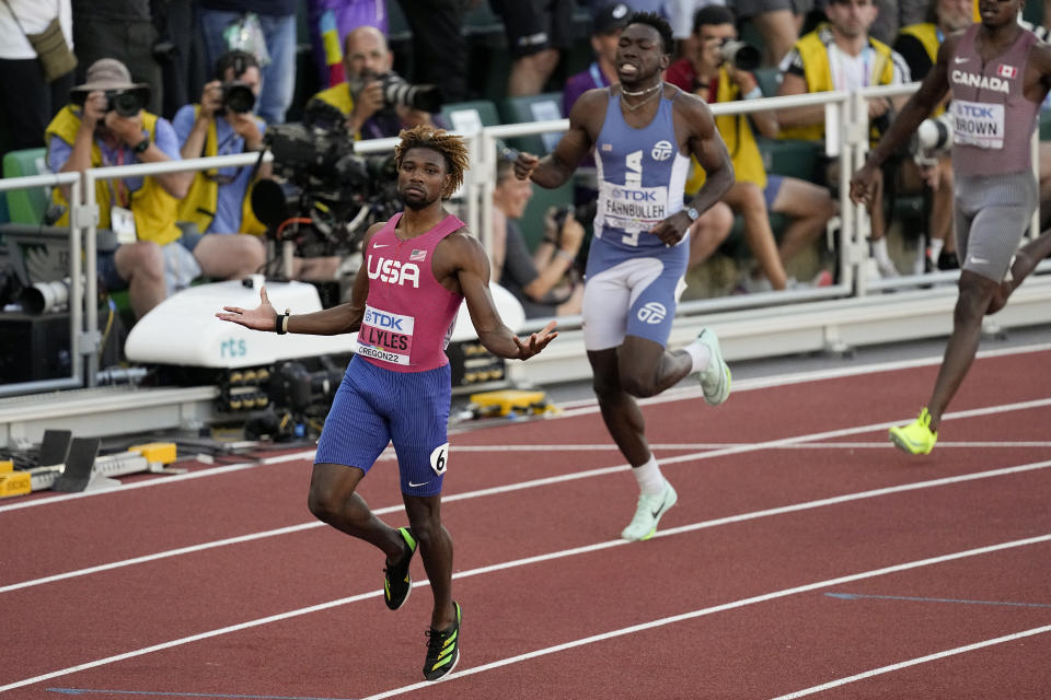 Noah Lyles, of the United States, celebrates after winning the men's 200-meter run final at the World Athletics Championships on Thursday, July 21, 2022, in Eugene, Ore. (AP Photo/Gregory Bull)