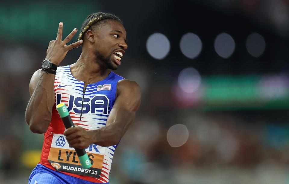 Noah Lyles reacts after winning the men's 4x100-meter relay. (Photo by Li Ming/Xinhua via Getty Images)