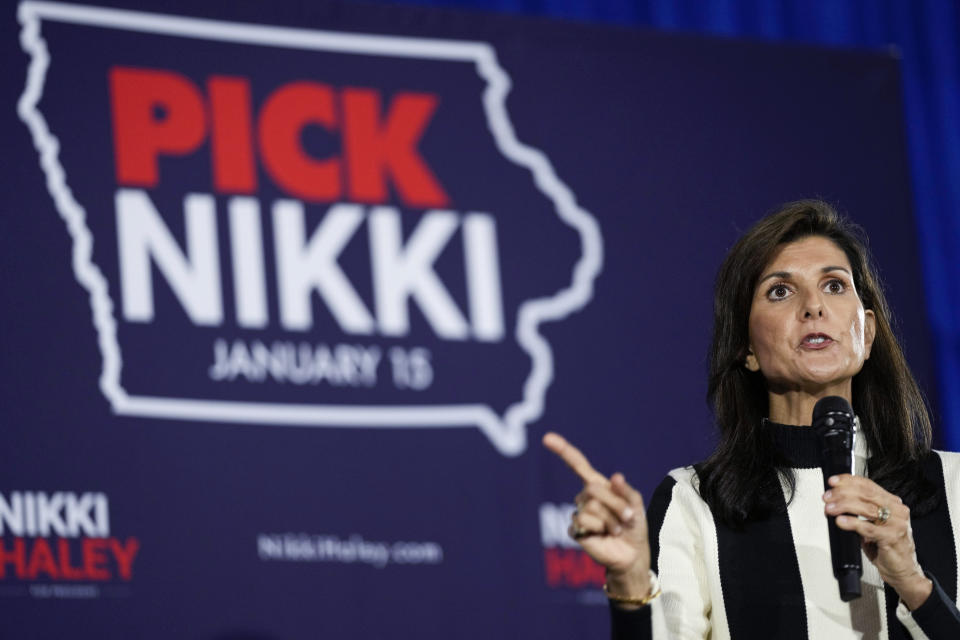 FILE - Republican presidential candidate Nikki Haley speaks during a town hall, Dec. 8, 2023, in Sioux City, Iowa. Haley is betting her 2024 candidacy on winning South Carolina. But the politics of Haley's home state have shifted far to the right since she was governor. That threatens her ability to tap into her local roots to notch the victory she has promised. (AP Photo/Charlie Neibergall, File)