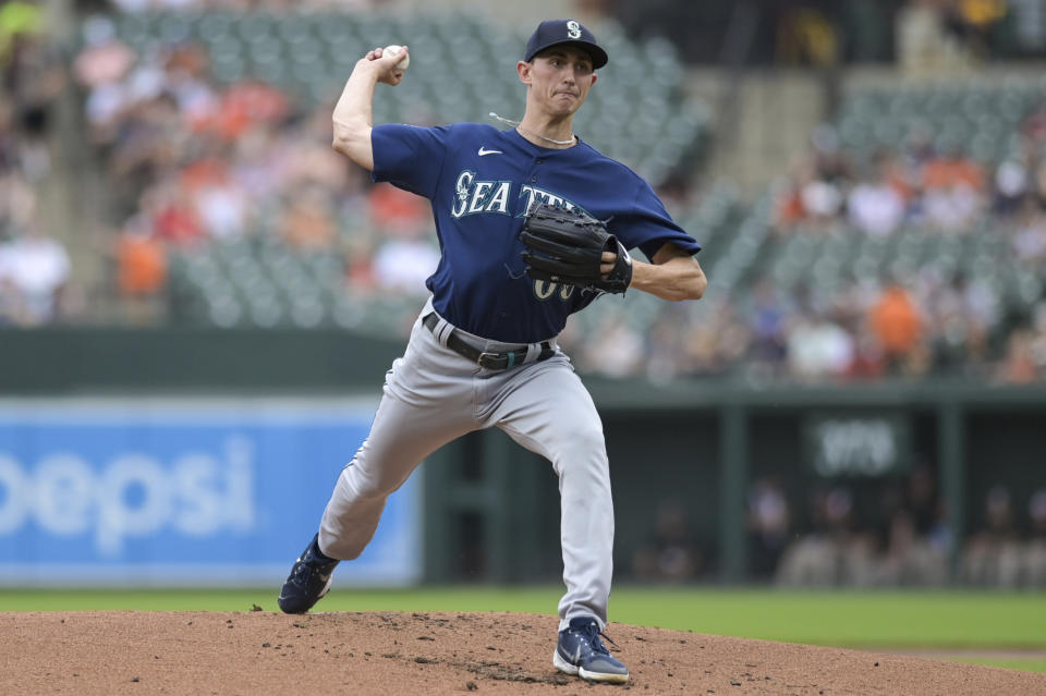 Seattle Mariners starting pitcher George Kirby delivers during the first inning of a baseball game against the Baltimore Orioles, Sunday, June 25, 2023, in Baltimore. (AP Photo/Tommy Gilligan)