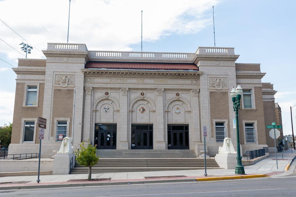 A pair of sphinxes guard the entrance of the 100-year-old El Paso Scottish Rite Temple located at 301 W Missouri Ave. in Downtown El Paso.